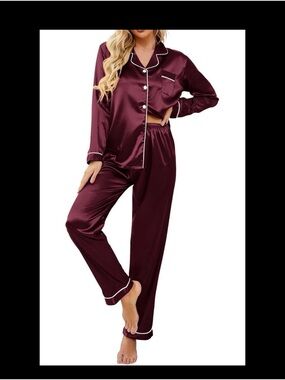 Women's Satin Long Sleeve Pajama Set in Wine
